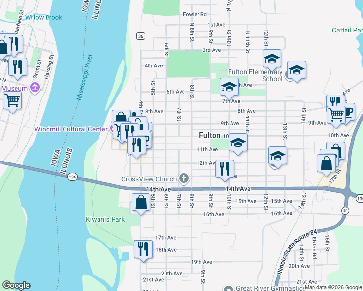 map of restaurants, bars, coffee shops, grocery stores, and more near 701 11th Avenue in Fulton