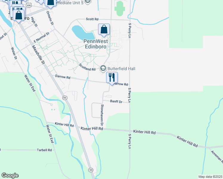map of restaurants, bars, coffee shops, grocery stores, and more near 103 Brora Drive in Edinboro