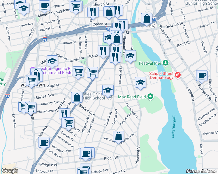 map of restaurants, bars, coffee shops, grocery stores, and more near 18 Highland Street in Pawtucket