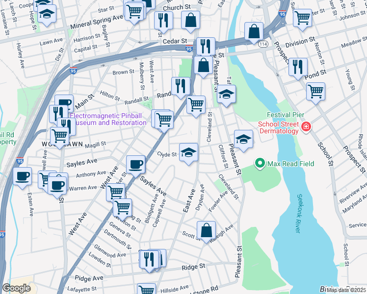map of restaurants, bars, coffee shops, grocery stores, and more near 18 Highland Street in Pawtucket