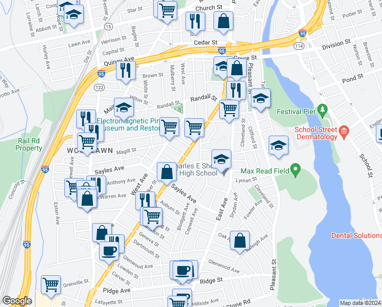 map of restaurants, bars, coffee shops, grocery stores, and more near 326 Pawtucket Avenue in Pawtucket