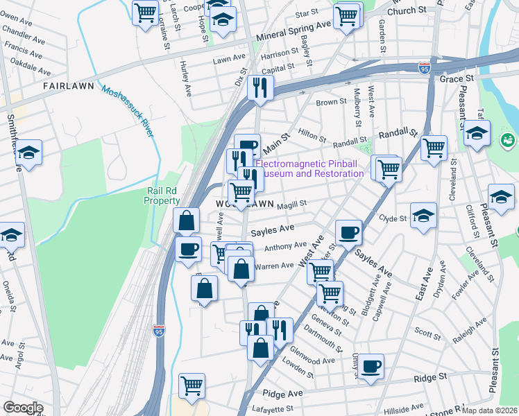 map of restaurants, bars, coffee shops, grocery stores, and more near in Pawtucket