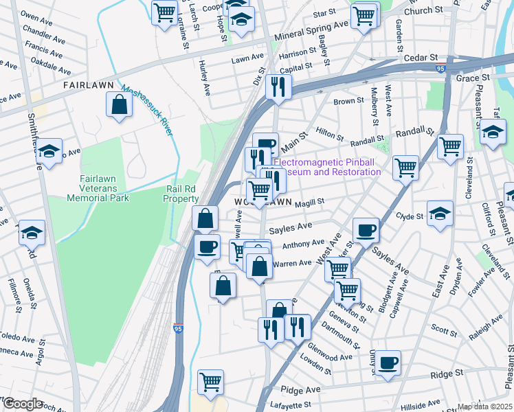 map of restaurants, bars, coffee shops, grocery stores, and more near 183 Magill Street in Pawtucket