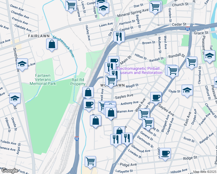 map of restaurants, bars, coffee shops, grocery stores, and more near 183 Magill Street in Pawtucket