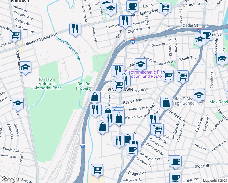 map of restaurants, bars, coffee shops, grocery stores, and more near 183 Magill Street in Pawtucket