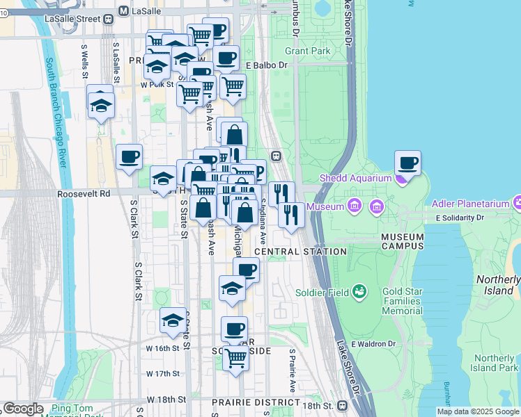 map of restaurants, bars, coffee shops, grocery stores, and more near 1231 South Prairie Avenue in Chicago