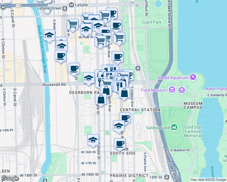 map of restaurants, bars, coffee shops, grocery stores, and more near 1235 South Wabash Avenue in Chicago