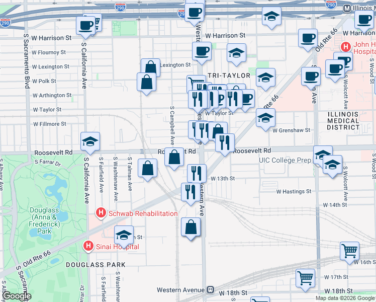 map of restaurants, bars, coffee shops, grocery stores, and more near 2427 West Roosevelt Road in Chicago