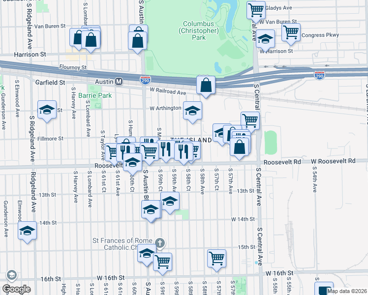 map of restaurants, bars, coffee shops, grocery stores, and more near 1126 South Monitor Avenue in Chicago