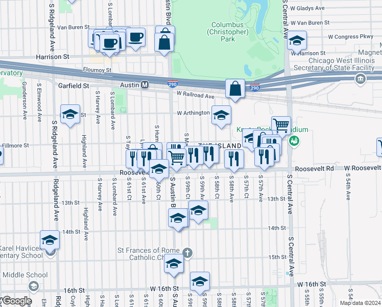 map of restaurants, bars, coffee shops, grocery stores, and more near 1125 South Mason Avenue in Chicago