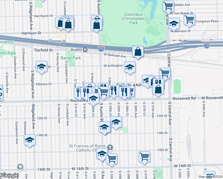 map of restaurants, bars, coffee shops, grocery stores, and more near 1125 South Mason Avenue in Chicago