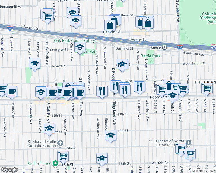 map of restaurants, bars, coffee shops, grocery stores, and more near 1163 South Ridgeland Avenue in Oak Park