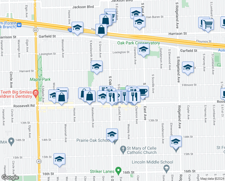 map of restaurants, bars, coffee shops, grocery stores, and more near 1160 South Oak Park Avenue in Oak Park
