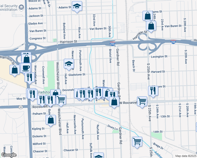 map of restaurants, bars, coffee shops, grocery stores, and more near 923 Norfolk Avenue in Westchester