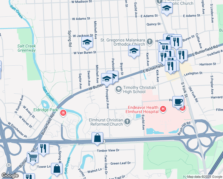 map of restaurants, bars, coffee shops, grocery stores, and more near 188 West Butterfield Road in Elmhurst