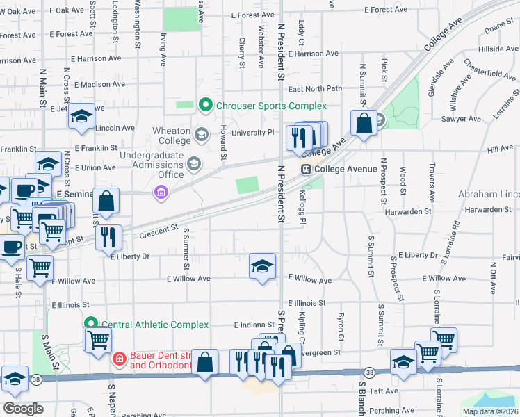 map of restaurants, bars, coffee shops, grocery stores, and more near 820A Crescent Street in Wheaton