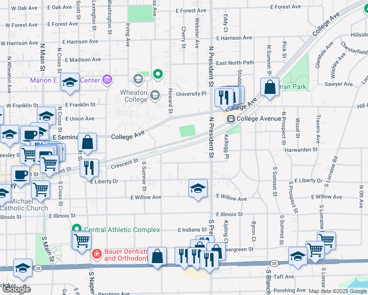 map of restaurants, bars, coffee shops, grocery stores, and more near 804 Crescent Street in Wheaton