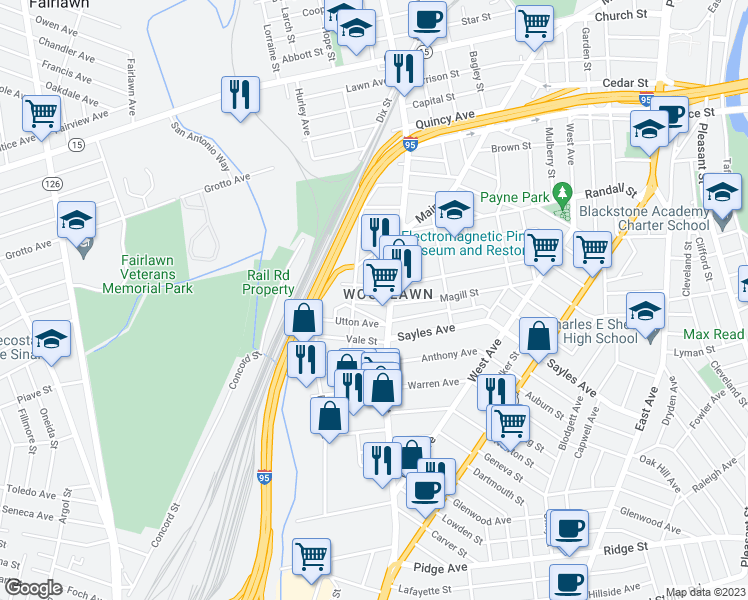 map of restaurants, bars, coffee shops, grocery stores, and more near 177 Magill Street in Pawtucket