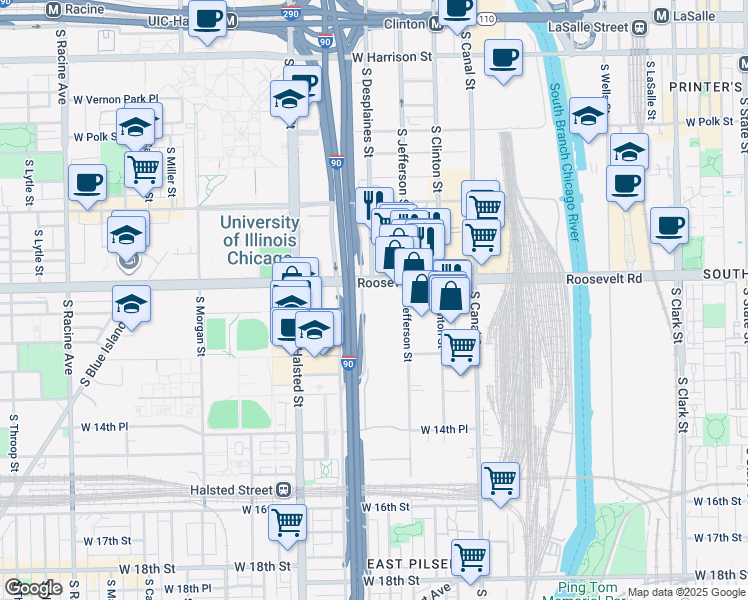 map of restaurants, bars, coffee shops, grocery stores, and more near 627 S Jefferson St in Chicago