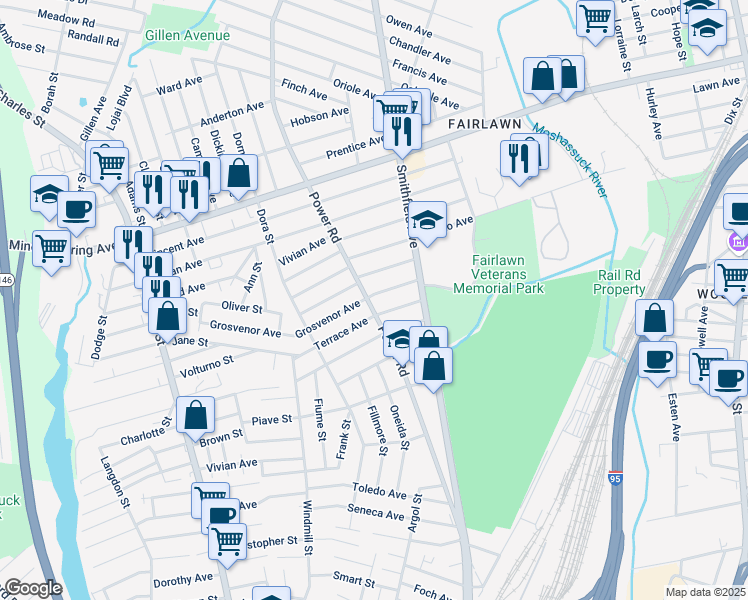 map of restaurants, bars, coffee shops, grocery stores, and more near 70 Grosvenor Avenue in Pawtucket