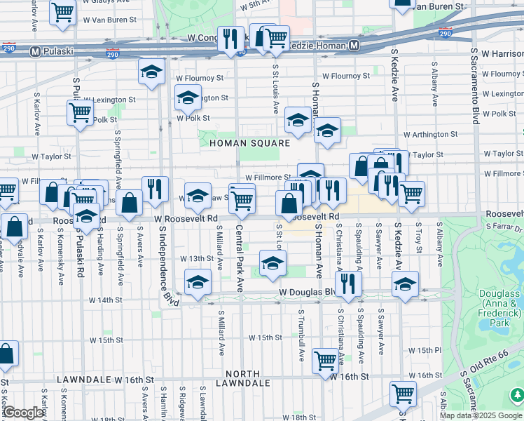 map of restaurants, bars, coffee shops, grocery stores, and more near 3524 Roosevelt Road in Chicago