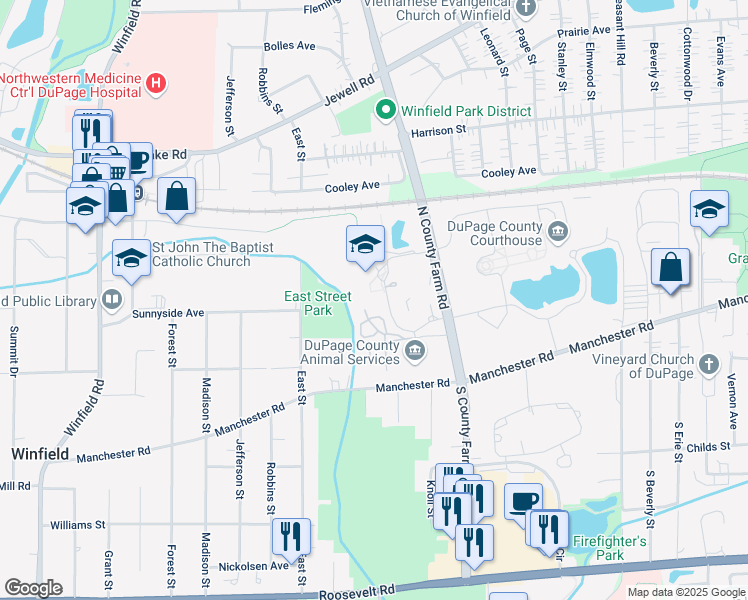 map of restaurants, bars, coffee shops, grocery stores, and more near 418 North County Farm Road in Wheaton