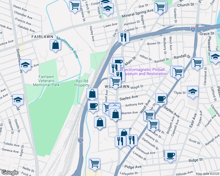 map of restaurants, bars, coffee shops, grocery stores, and more near 183 Magill Street in Pawtucket