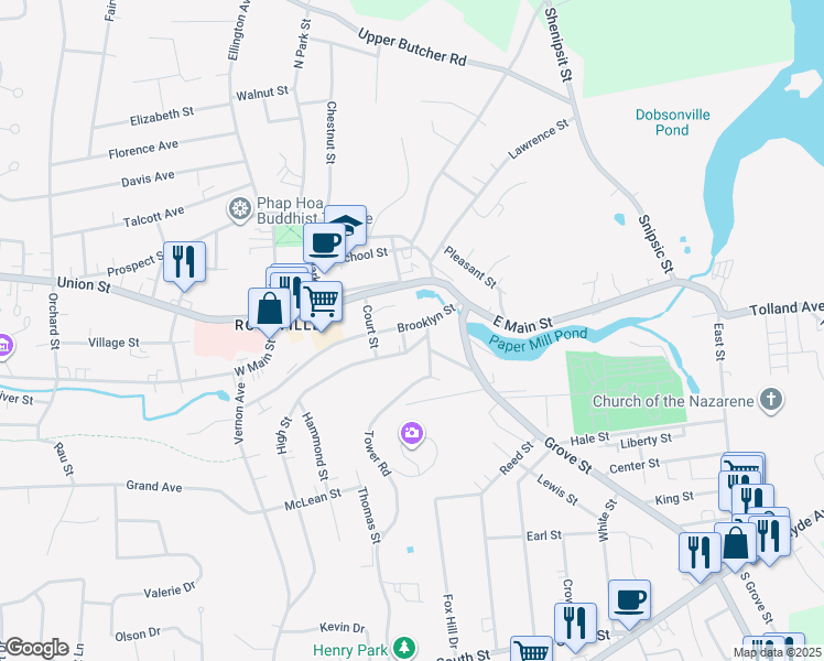map of restaurants, bars, coffee shops, grocery stores, and more near 23 Brooklyn Street in Vernon