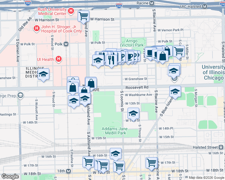map of restaurants, bars, coffee shops, grocery stores, and more near 1435 Roosevelt Road in Chicago