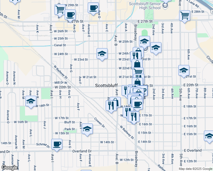 map of restaurants, bars, coffee shops, grocery stores, and more near in Scottsbluff