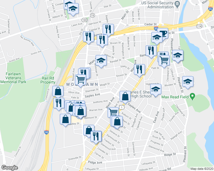 map of restaurants, bars, coffee shops, grocery stores, and more near 64 Magill Street in Pawtucket