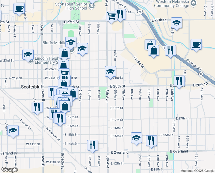 map of restaurants, bars, coffee shops, grocery stores, and more near 2003 5th Avenue in Scottsbluff