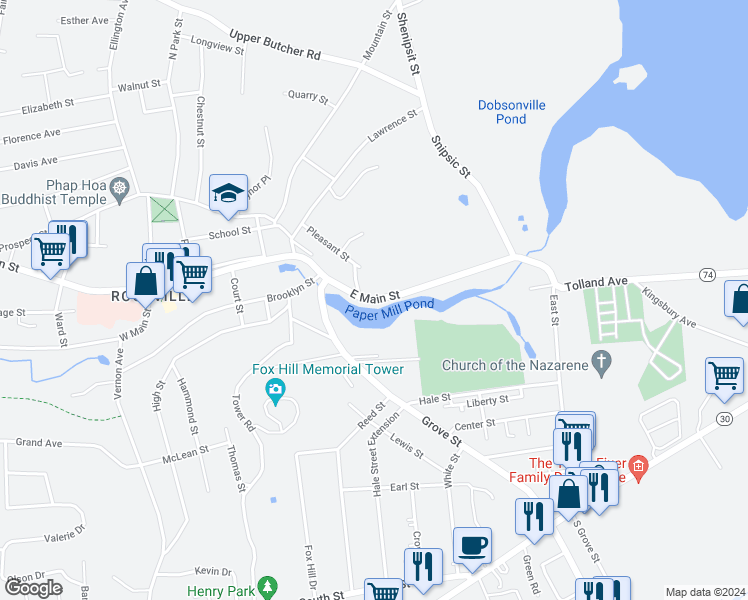 map of restaurants, bars, coffee shops, grocery stores, and more near East Main Street in Vernon
