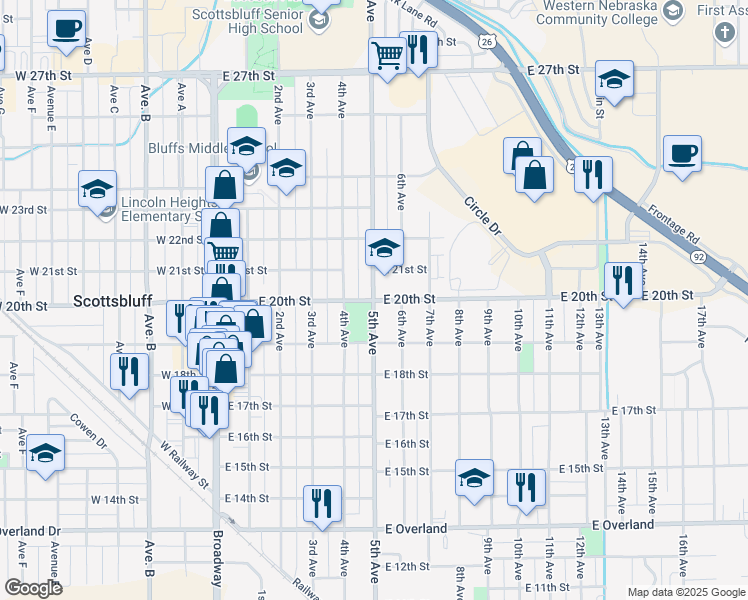map of restaurants, bars, coffee shops, grocery stores, and more near 2003 5th Avenue in Scottsbluff