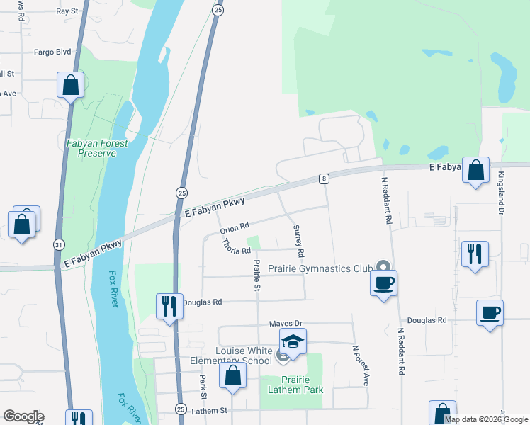 map of restaurants, bars, coffee shops, grocery stores, and more near 443 Orion Road in Batavia