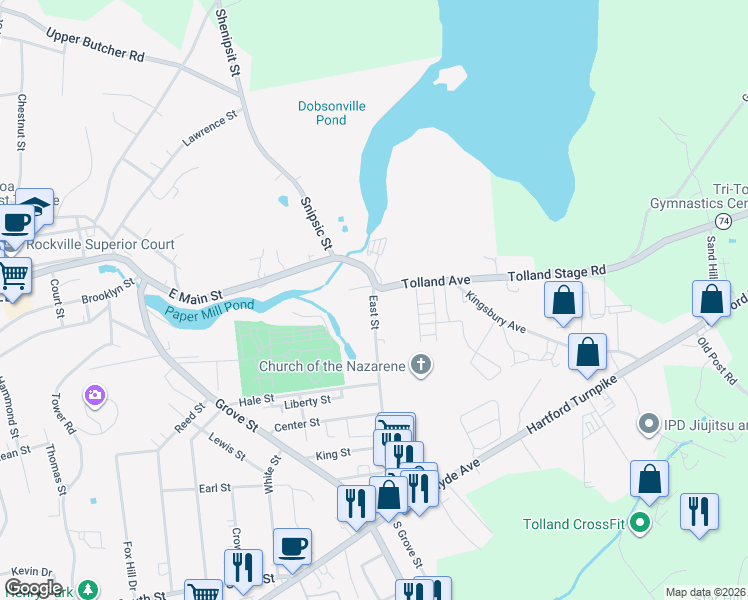 map of restaurants, bars, coffee shops, grocery stores, and more near 5 East St in Vernon