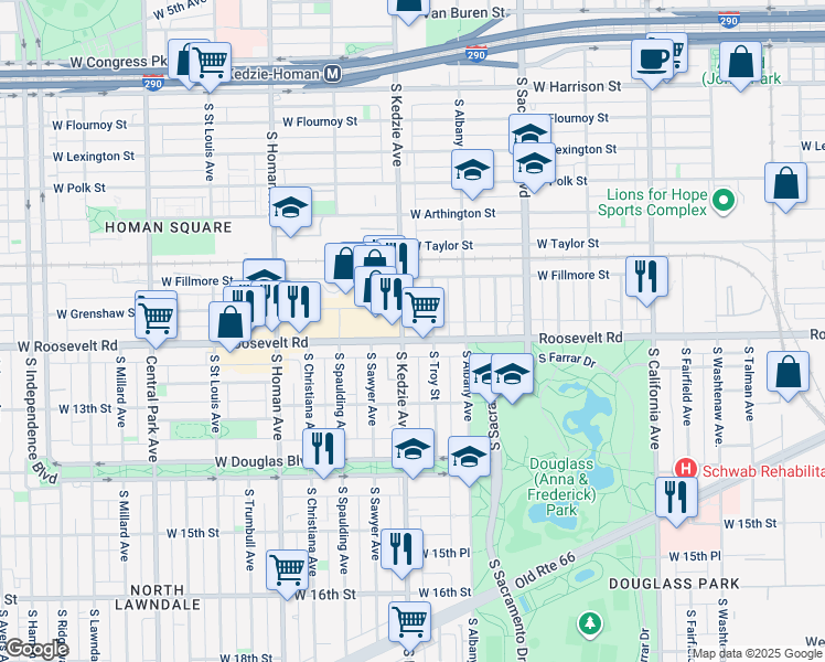 map of restaurants, bars, coffee shops, grocery stores, and more near 3158 West Roosevelt Road in Chicago