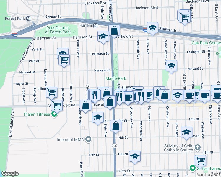 map of restaurants, bars, coffee shops, grocery stores, and more near 1101 Harlem Avenue in Forest Park