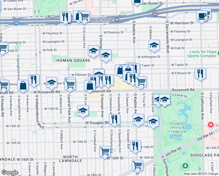 map of restaurants, bars, coffee shops, grocery stores, and more near 3332 Roosevelt Road in Chicago
