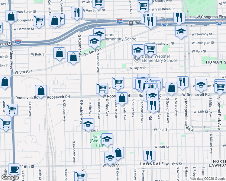 map of restaurants, bars, coffee shops, grocery stores, and more near 4199 Roosevelt Road in Chicago