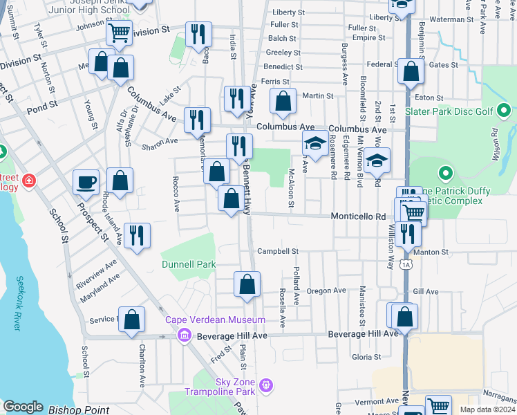 map of restaurants, bars, coffee shops, grocery stores, and more near 30 Monticello Road in Pawtucket