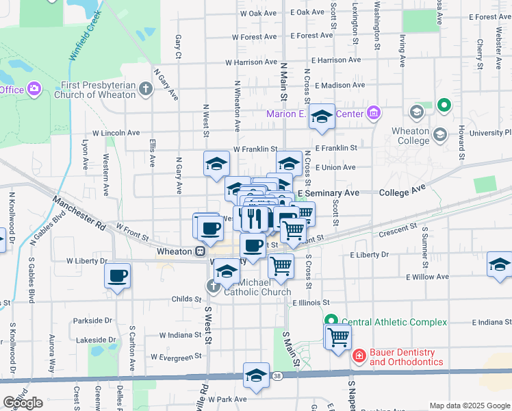 map of restaurants, bars, coffee shops, grocery stores, and more near 214 North Hale Street in Wheaton