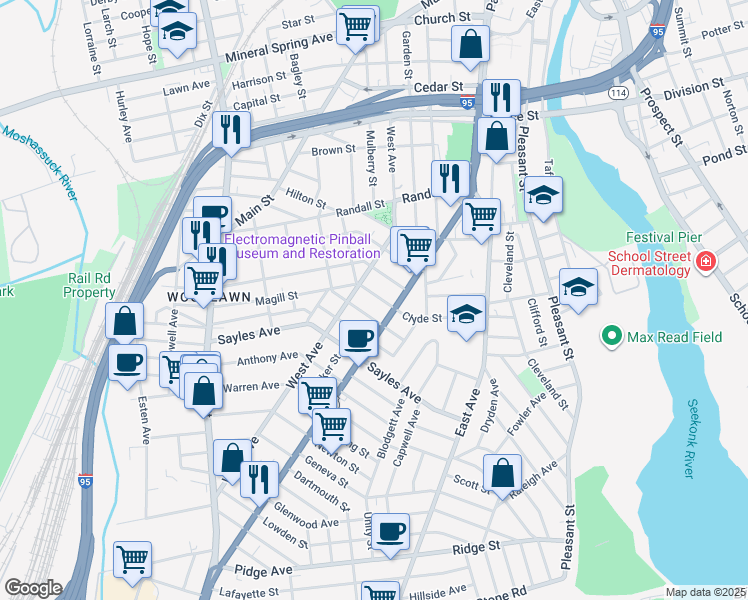 map of restaurants, bars, coffee shops, grocery stores, and more near 81 Dunnell Avenue in Pawtucket