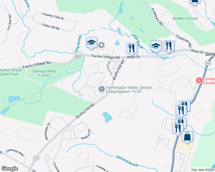 map of restaurants, bars, coffee shops, grocery stores, and more near 17 Pepperidge Court in Simsbury