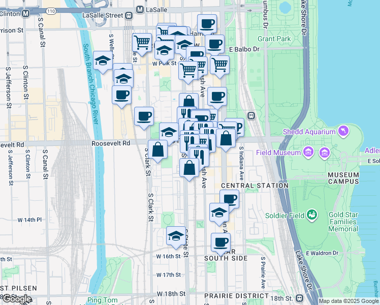 map of restaurants, bars, coffee shops, grocery stores, and more near 1231 South State Street in Chicago