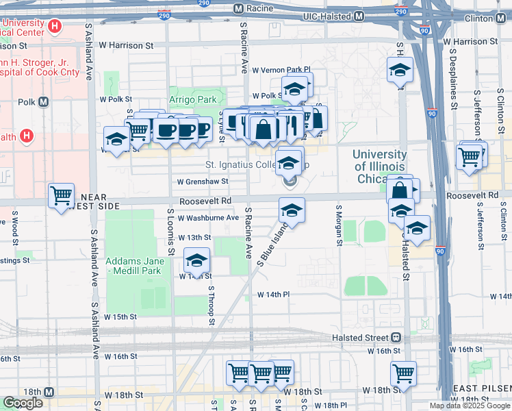 map of restaurants, bars, coffee shops, grocery stores, and more near 1130 West Washburne Avenue in Chicago