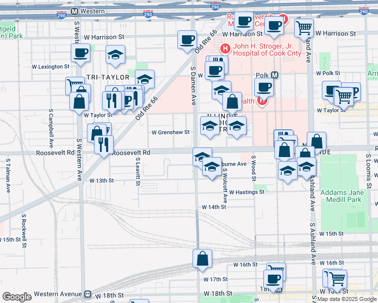 map of restaurants, bars, coffee shops, grocery stores, and more near 1149-1199 South Damen Avenue in Chicago