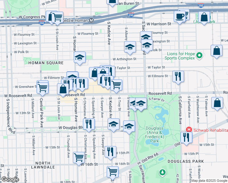 map of restaurants, bars, coffee shops, grocery stores, and more near in Chicago