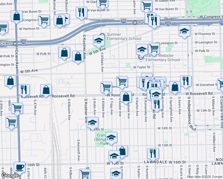 map of restaurants, bars, coffee shops, grocery stores, and more near 4250 Roosevelt Road in Chicago