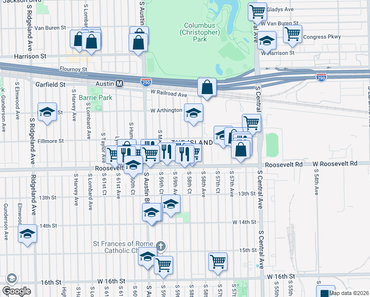 map of restaurants, bars, coffee shops, grocery stores, and more near 1126 South Monitor Avenue in Chicago